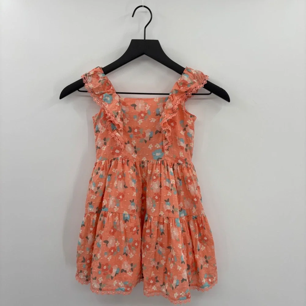 btween Girls Peach Floral Swiss Dot Ruffle Button Front‎ Tiered Dress Size 5
